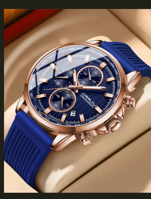Luxury chronograph watch with rose gold case and navy dial
