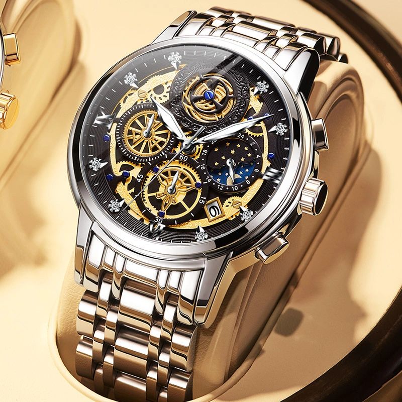Luxury skeleton watch with silver and gold mechanical movement