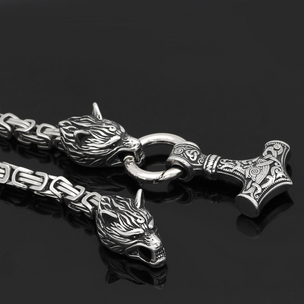 Stainless Steel Viking Wolf Hammer Pendant Necklace