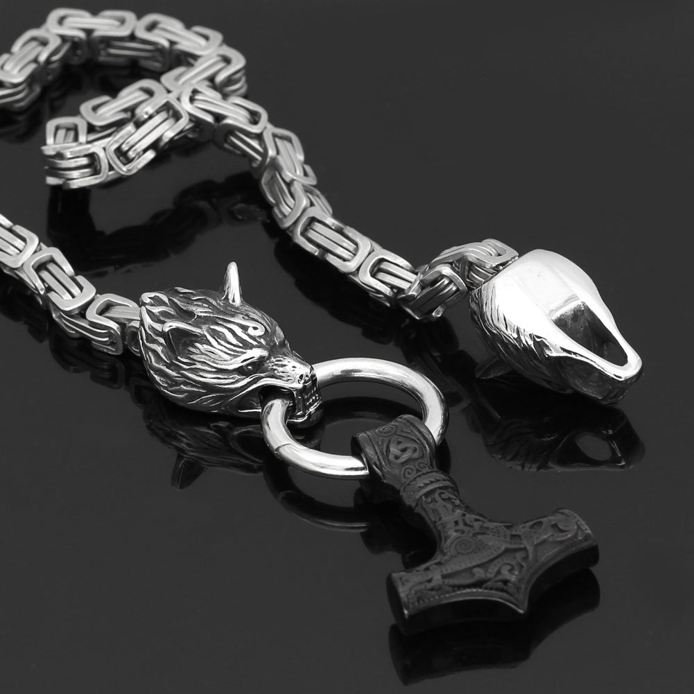 Stainless Steel Viking Wolf Hammer Pendant Necklace