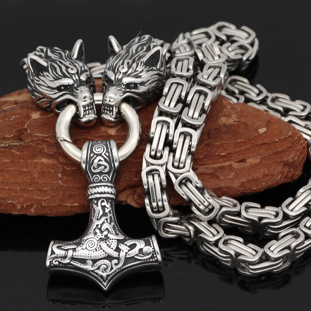 Stainless Steel Viking Wolf Hammer Pendant Necklace