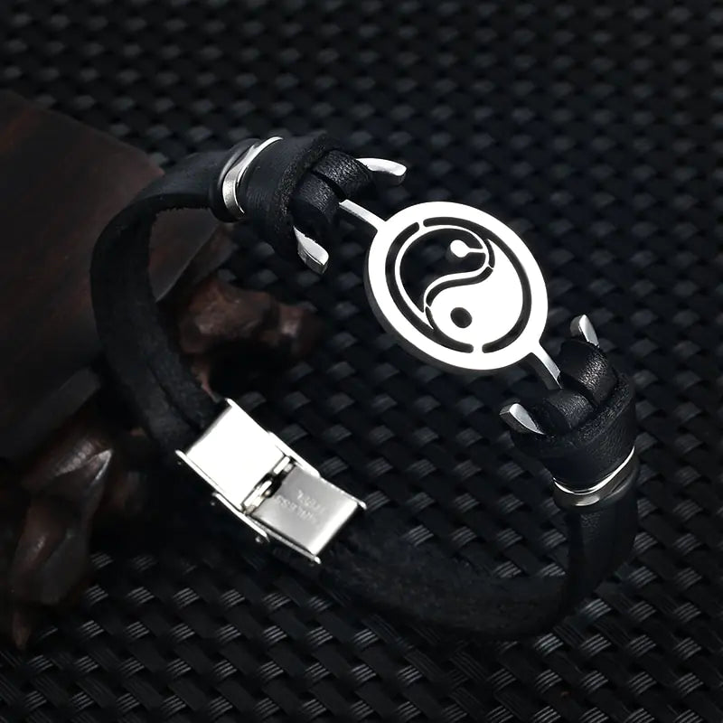 Stainless Steel Tai Chi Yin Yang Leather Bracelet