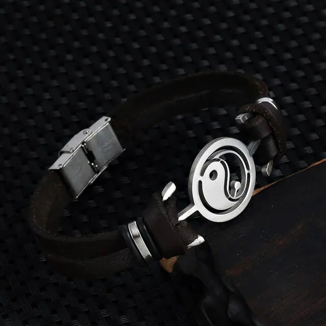 Stainless Steel Tai Chi Yin Yang Leather Bracelet