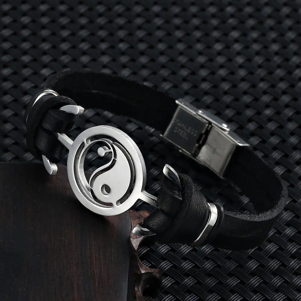 Stainless Steel Tai Chi Yin Yang Leather Bracelet