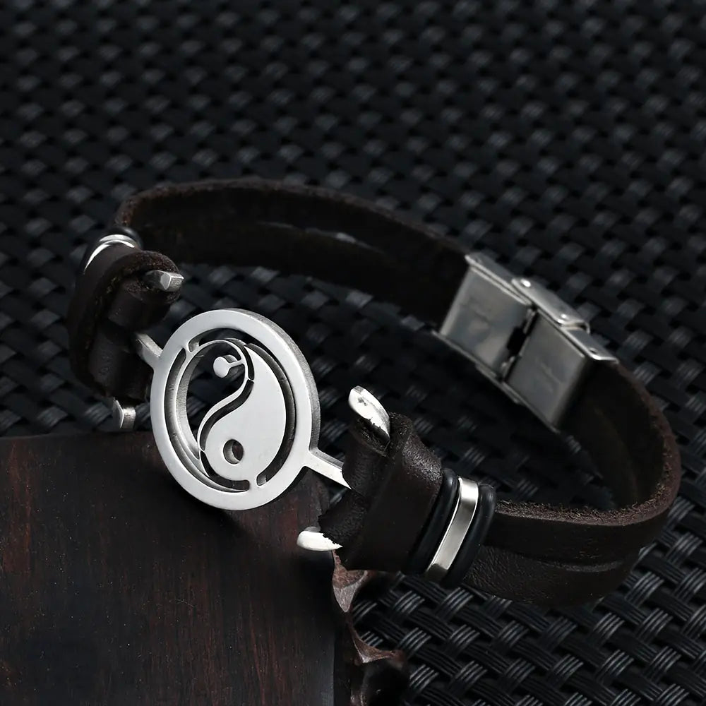 Stainless Steel Tai Chi Yin Yang Leather Bracelet