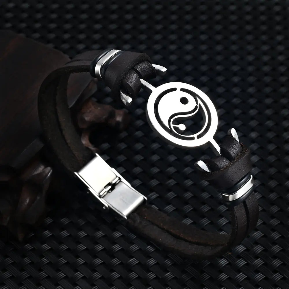 Stainless Steel Tai Chi Yin Yang Leather Bracelet